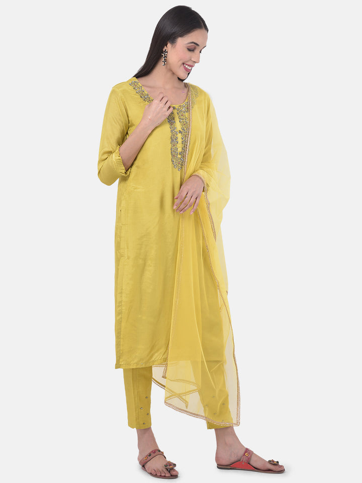 Neerus Yellow embellished kurta set with pant and dupatta - detail view 4