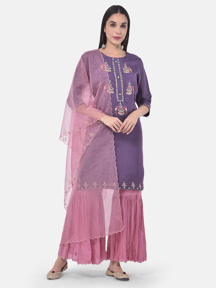 Neerus Purple embroidered sharara set kurta with dupatta - detail view 4