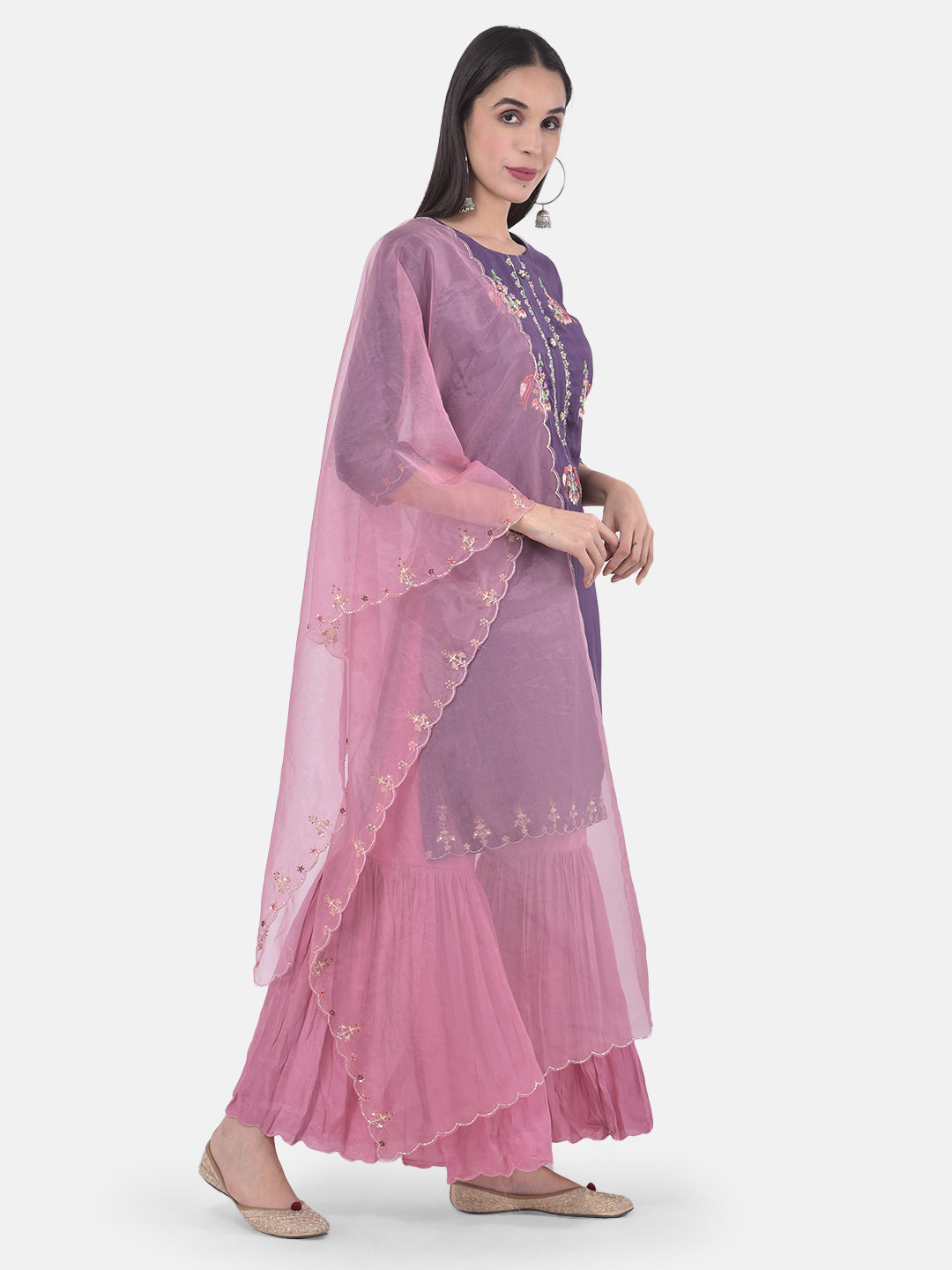 Neerus Purple embroidered sharara set kurta with dupatta - front view