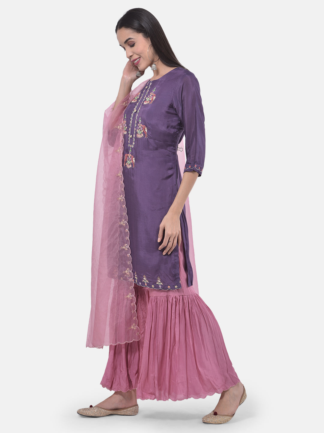 Neerus Purple embroidered sharara set kurta with dupatta - back view
