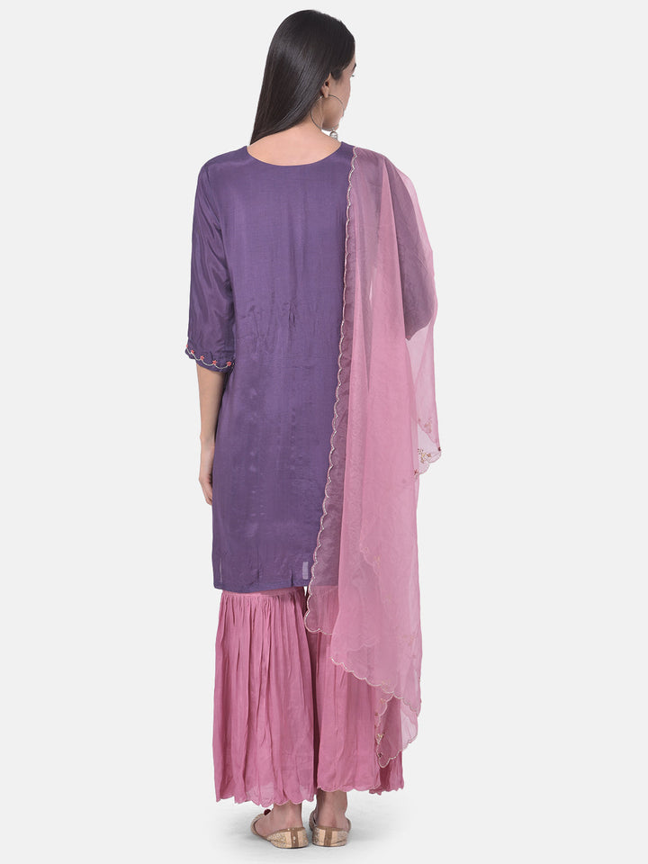 Neerus Purple embroidered sharara set kurta with dupatta - side view