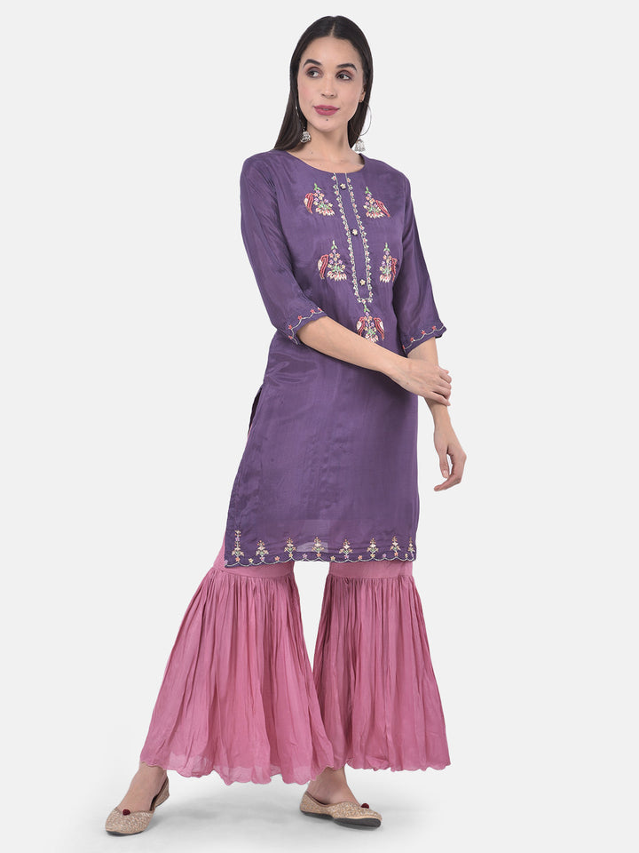 Neerus Purple embroidered sharara set kurta with dupatta - detail view 3