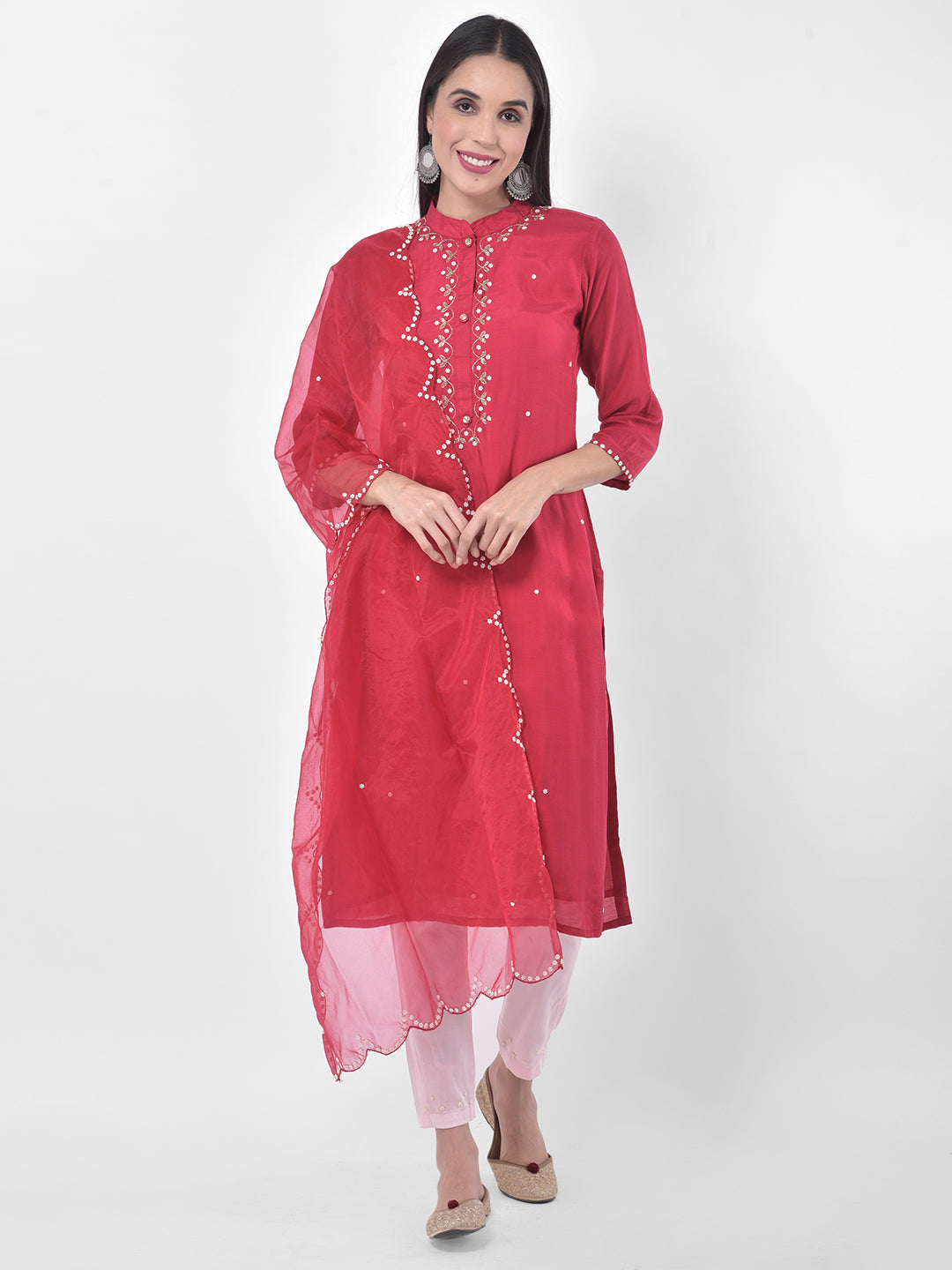 Neerus Pink embellished kurta set with pant and dupatta - detail view 5