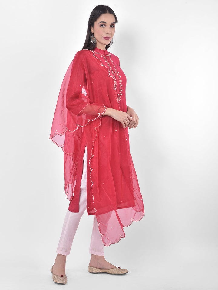 Neerus Pink embellished kurta set with pant and dupatta - front view