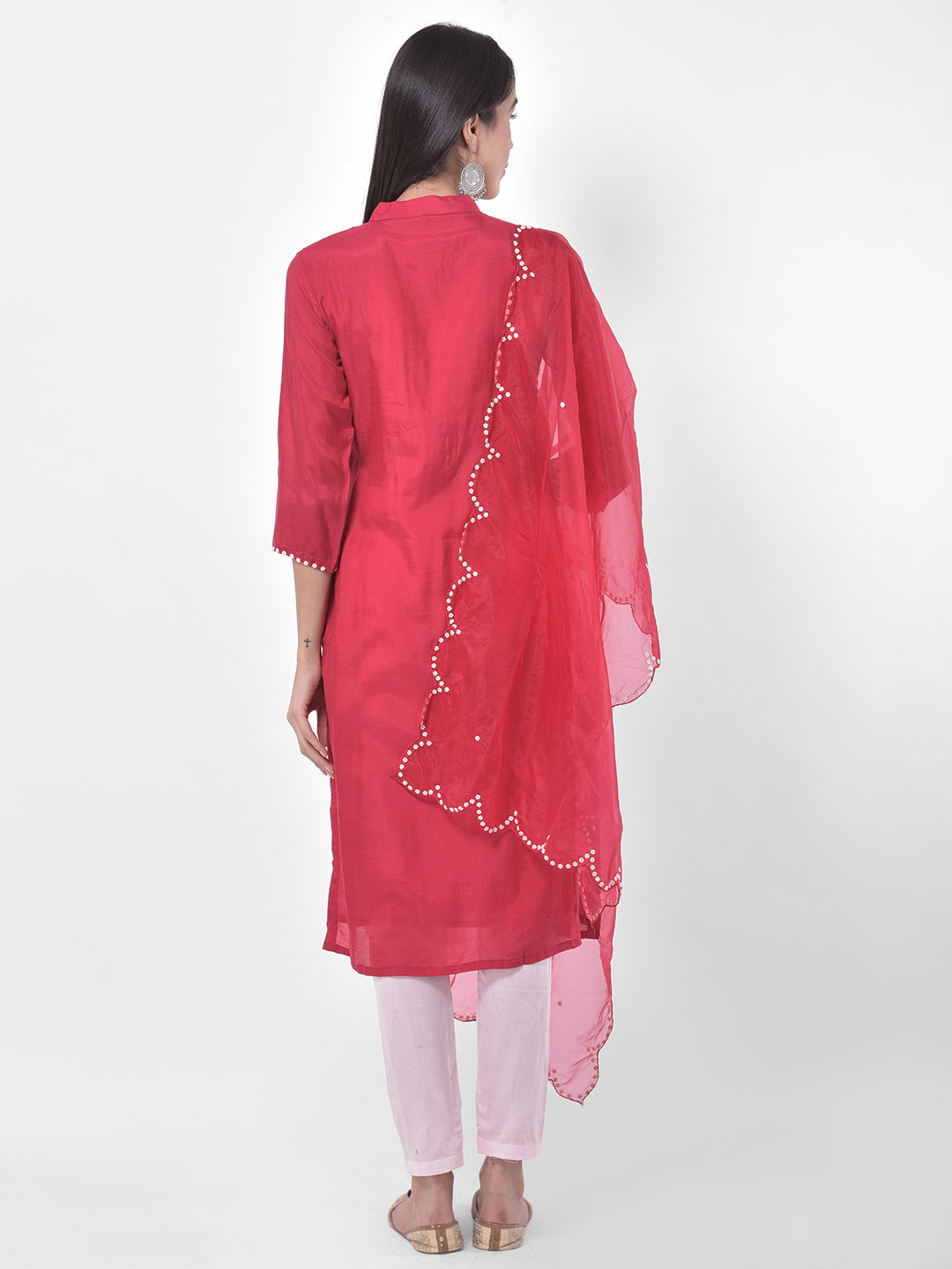 Neerus Pink embellished kurta set with pant and dupatta - side view