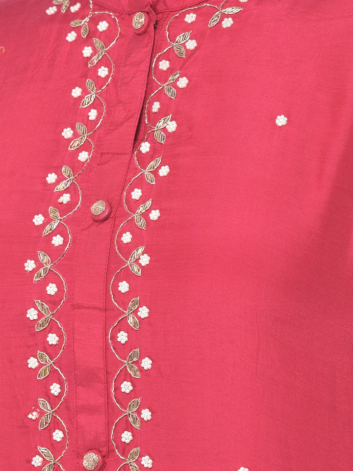 Neerus Pink embellished kurta set with pant and dupatta - detail view 1
