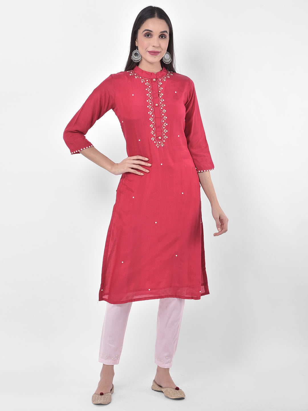 Neerus Pink embellished kurta set with pant and dupatta - detail view 4
