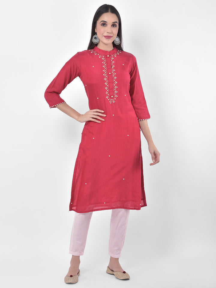 Neerus Pink embellished kurta set with pant and dupatta - detail view 4