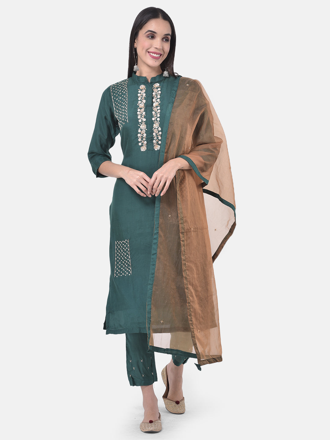 Neerus Green embellished kurta set with pant and dupatta - front view