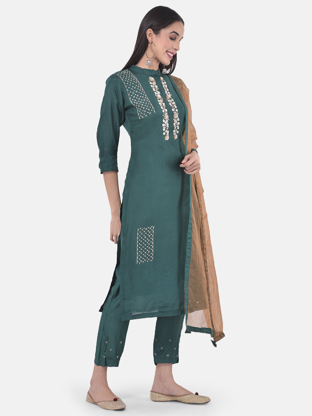 Neerus Green embellished kurta set with pant and dupatta - back view