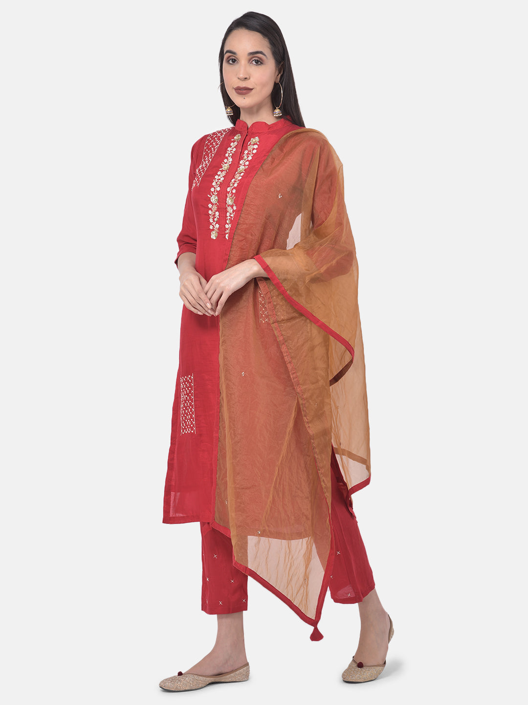Neerus Red embellished kurta set with pant and dupatta - front view