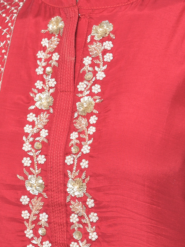 Neerus Red embellished kurta set with pant and dupatta - detail view 1