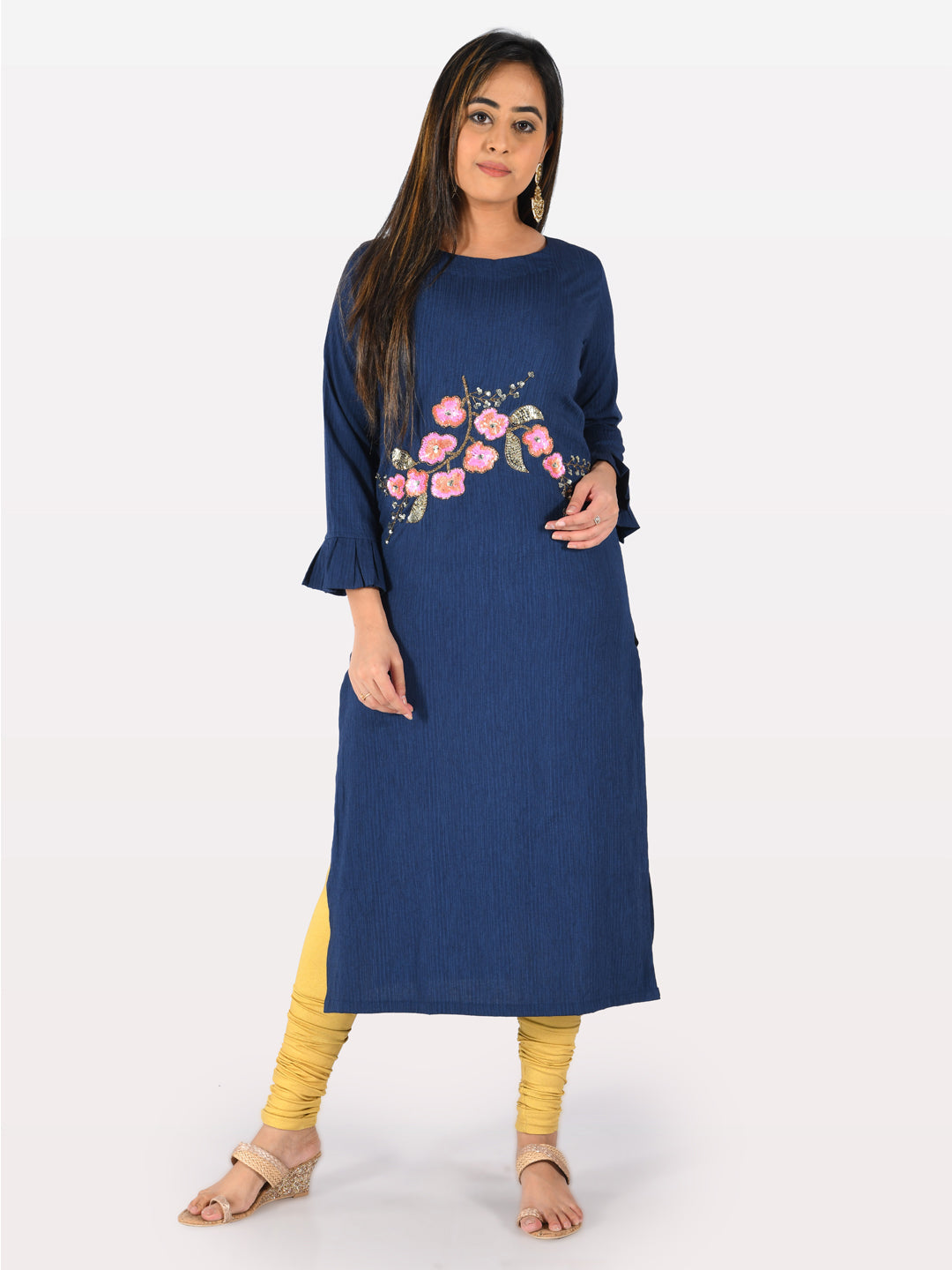 Neerus Blue Rayon Embellished Straight Kurta - front view