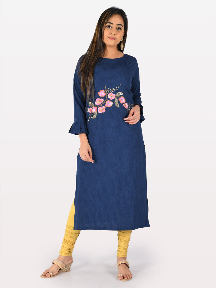 Neerus Blue Rayon Embellished Straight Kurta - front view