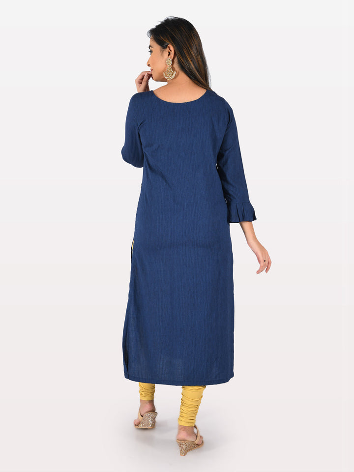 Neerus Blue Rayon Embellished Straight Kurta - back view