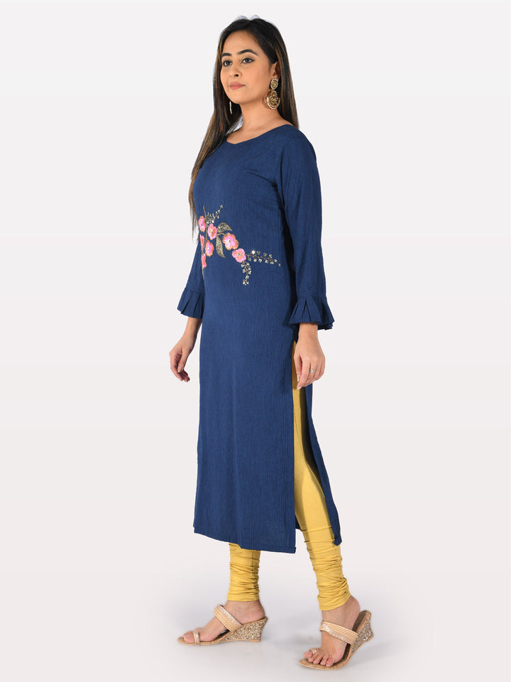 Neerus Blue Rayon Embellished Straight Kurta - side view