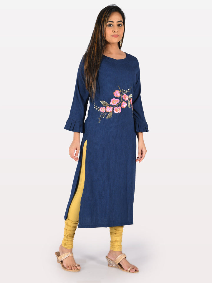 Neerus Blue Rayon Embellished Straight Kurta - detail view 1