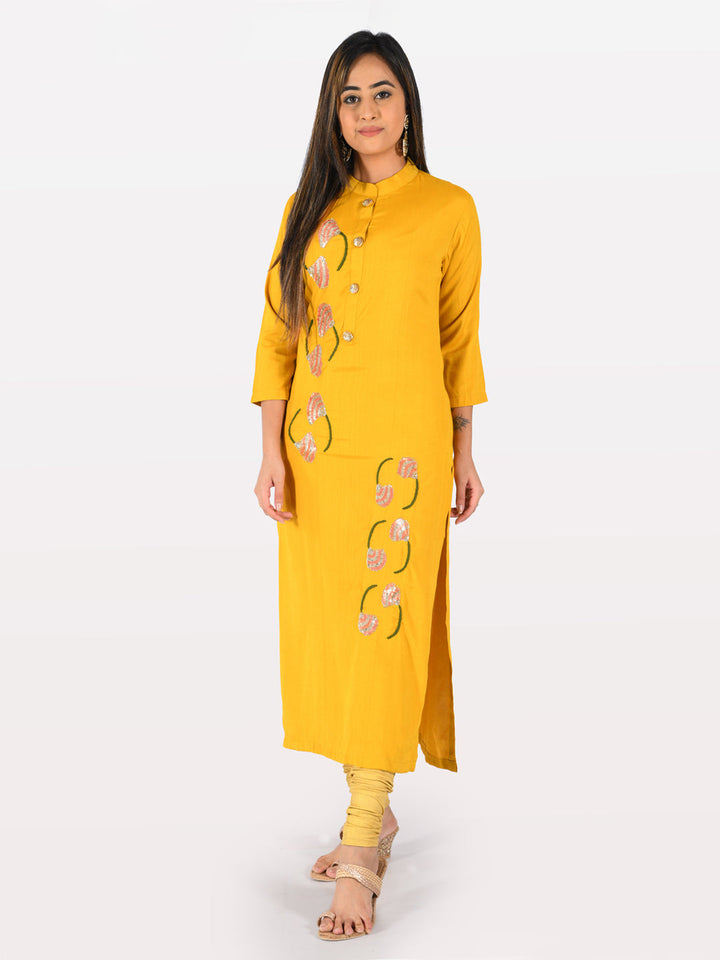 Neerus Orange rayon embellished straight kurta - detail view 2