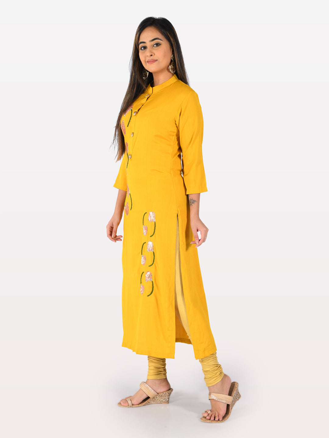 Neerus Orange rayon embellished straight kurta - front view