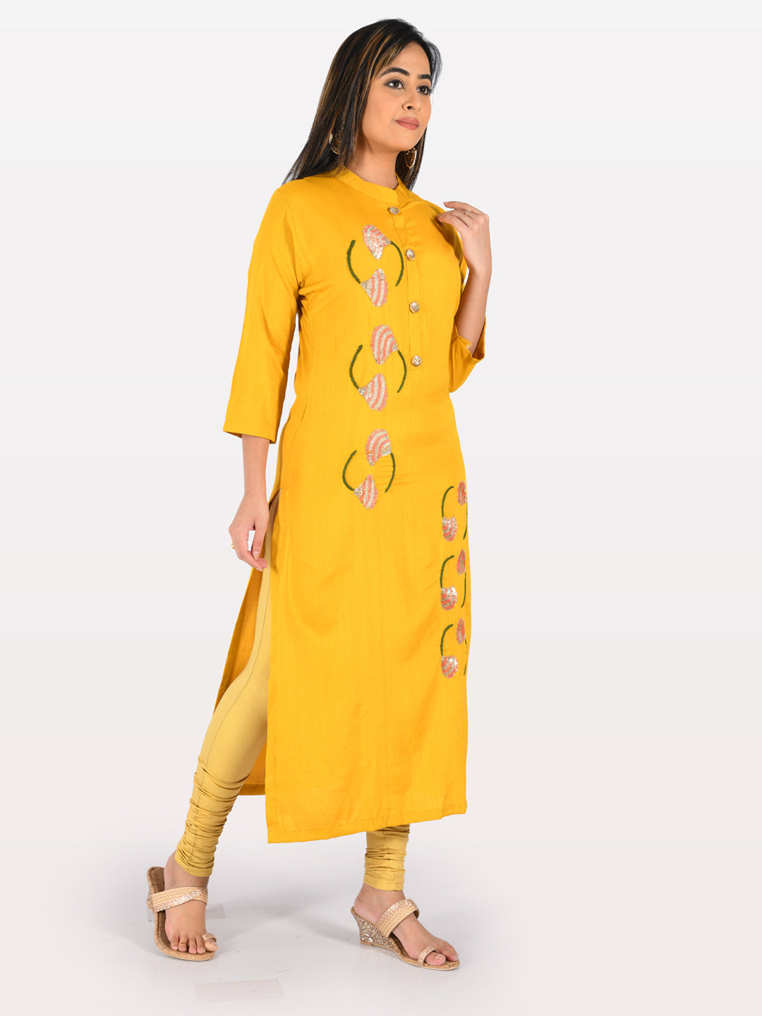 Neerus Orange rayon embellished straight kurta - back view