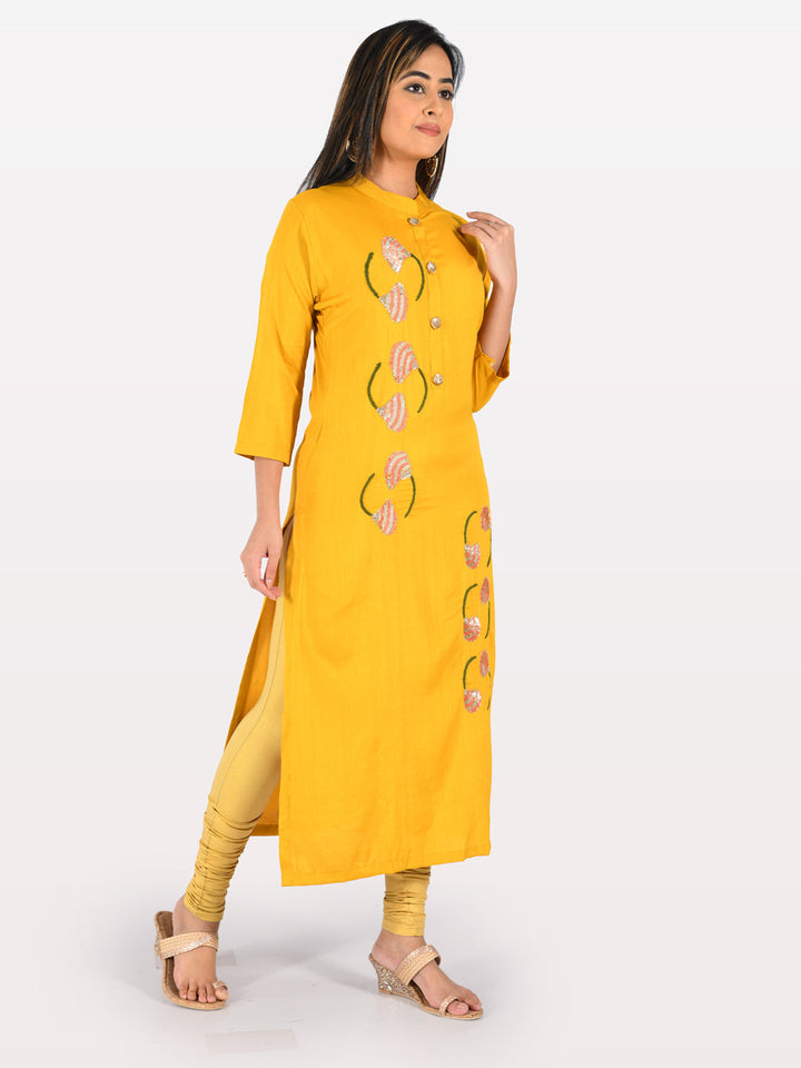 Neerus Orange rayon embellished straight kurta - back view