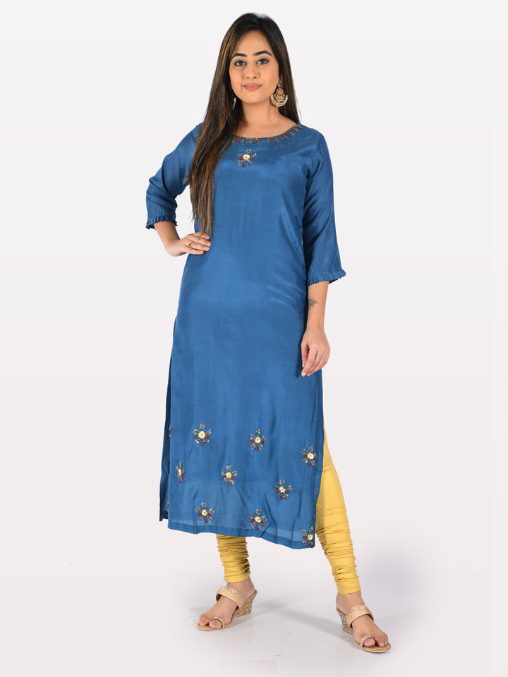 Neerus Blue muslin embellished straight kurta - front view