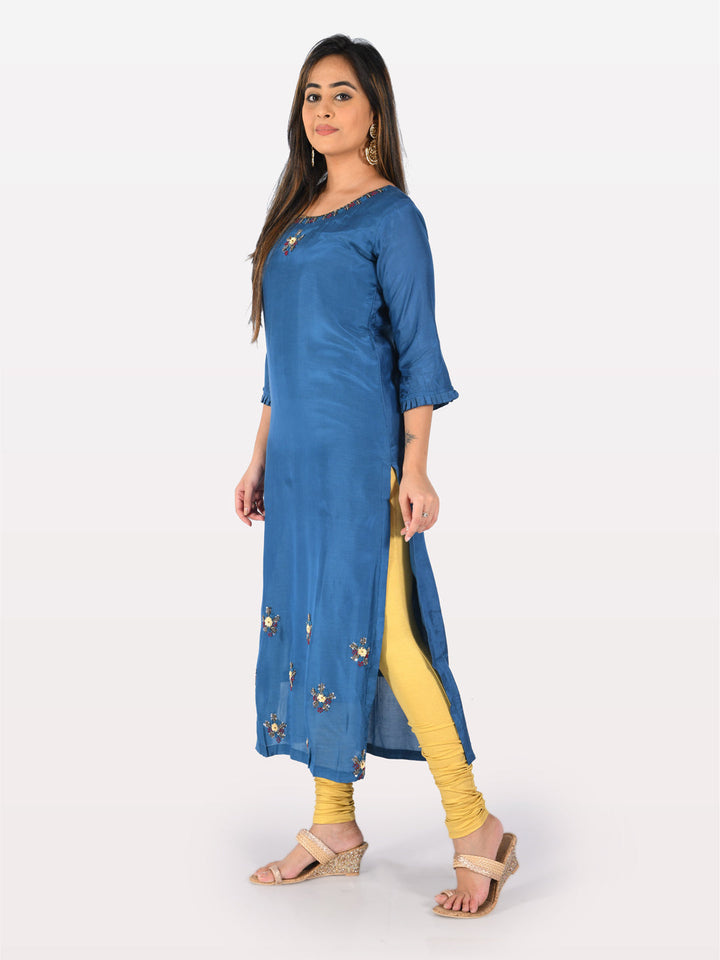 Neerus Blue muslin embellished straight kurta - back view