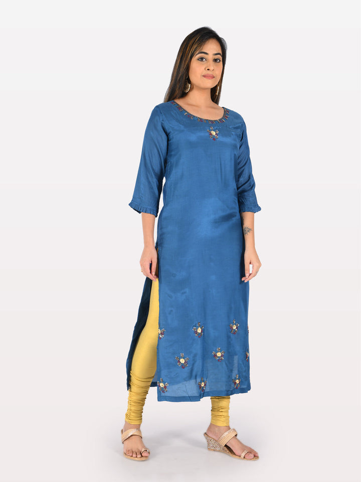 Neerus Blue muslin embellished straight kurta - side view