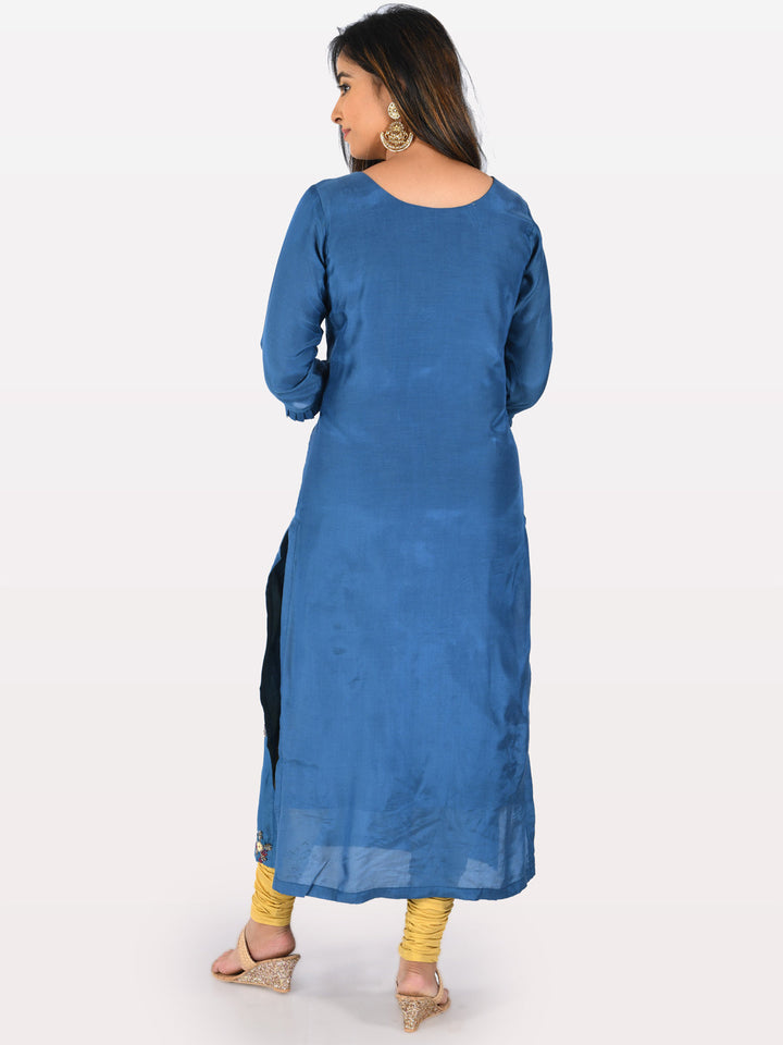 Neerus Blue muslin embellished straight kurta - detail view 1