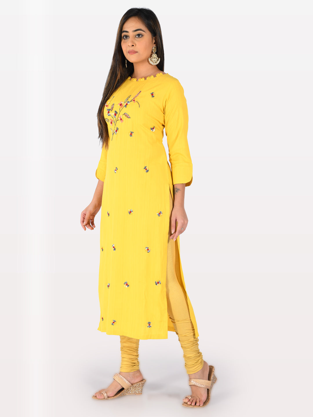 Neerus Yellow rayon embellished straight kurta - detail view 2