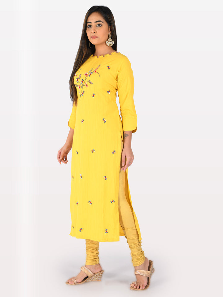 Neerus Yellow rayon embellished straight kurta - detail view 2