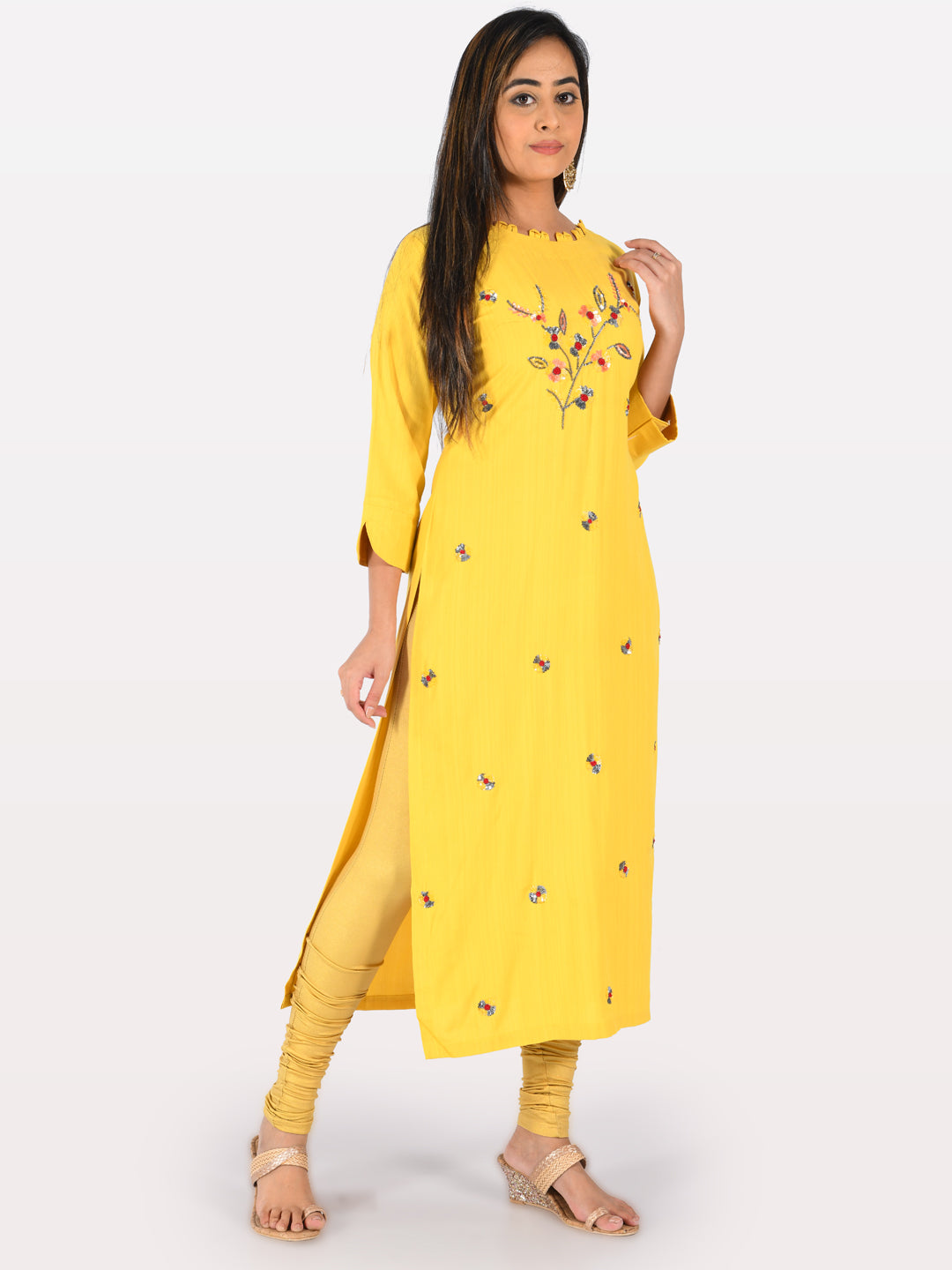Neerus Yellow rayon embellished straight kurta - front view
