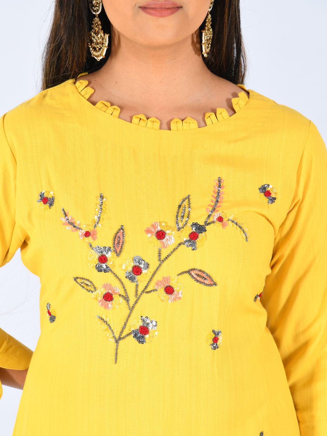 Neerus Yellow rayon embellished straight kurta - back view