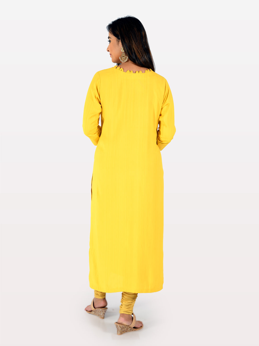 Neerus Yellow rayon embellished straight kurta - side view