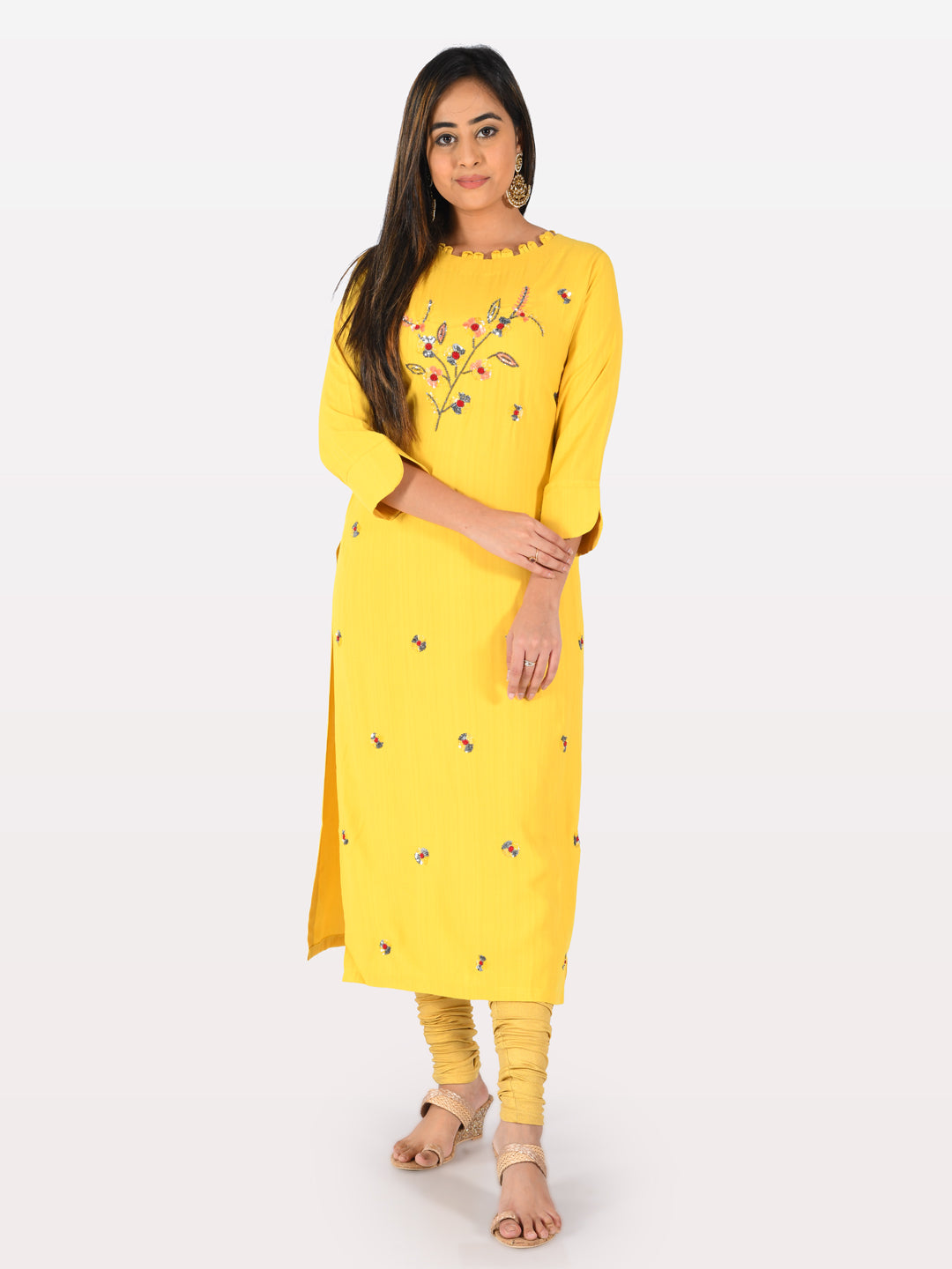 Neerus Yellow rayon embellished straight kurta - detail view 1