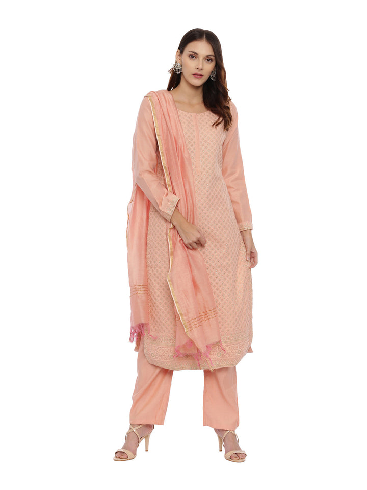 Neerus Orange embroidered kurta set with palazzo and dupatta - front view