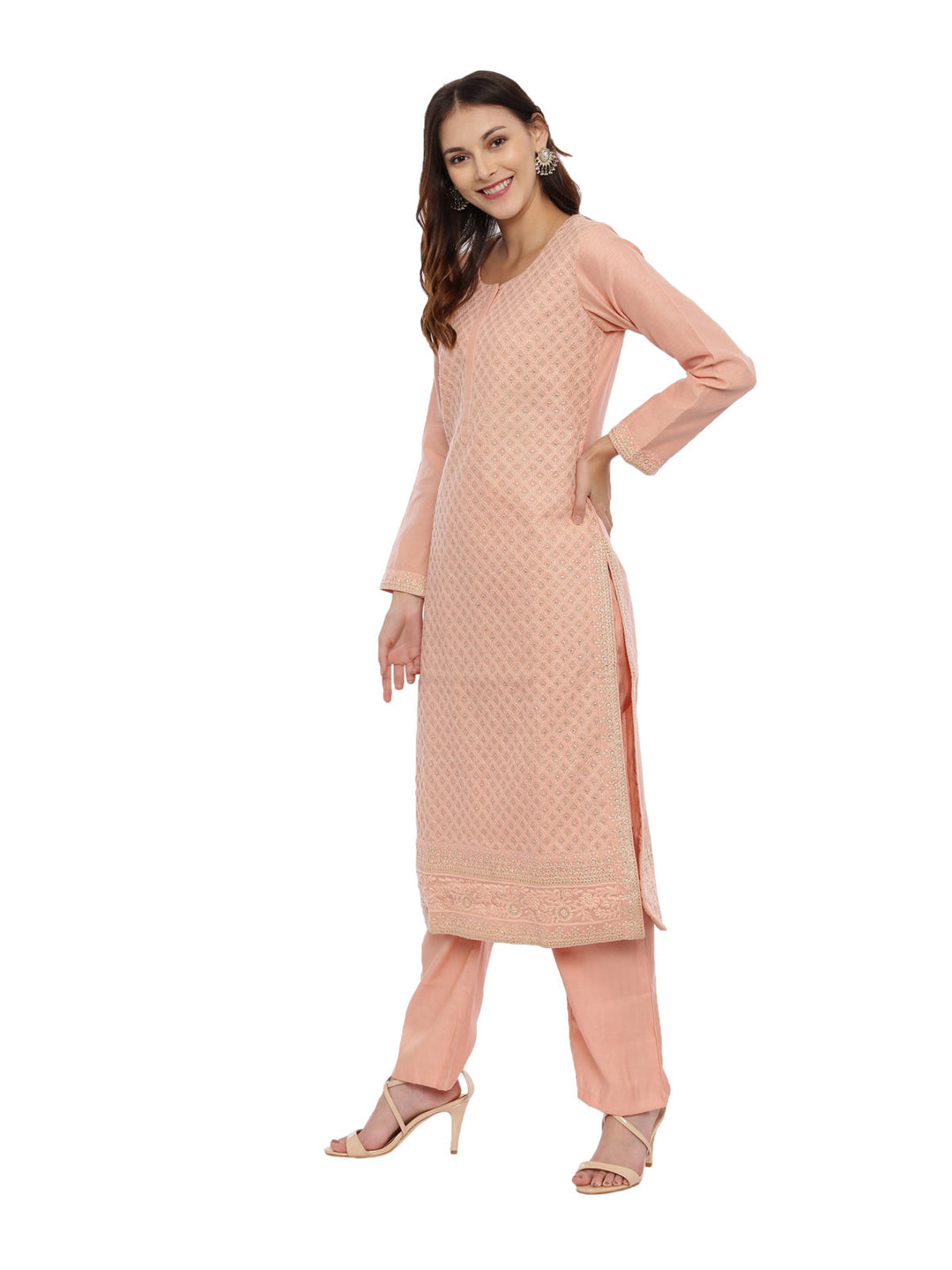 Neerus Orange embroidered kurta set with palazzo and dupatta - detail view 2