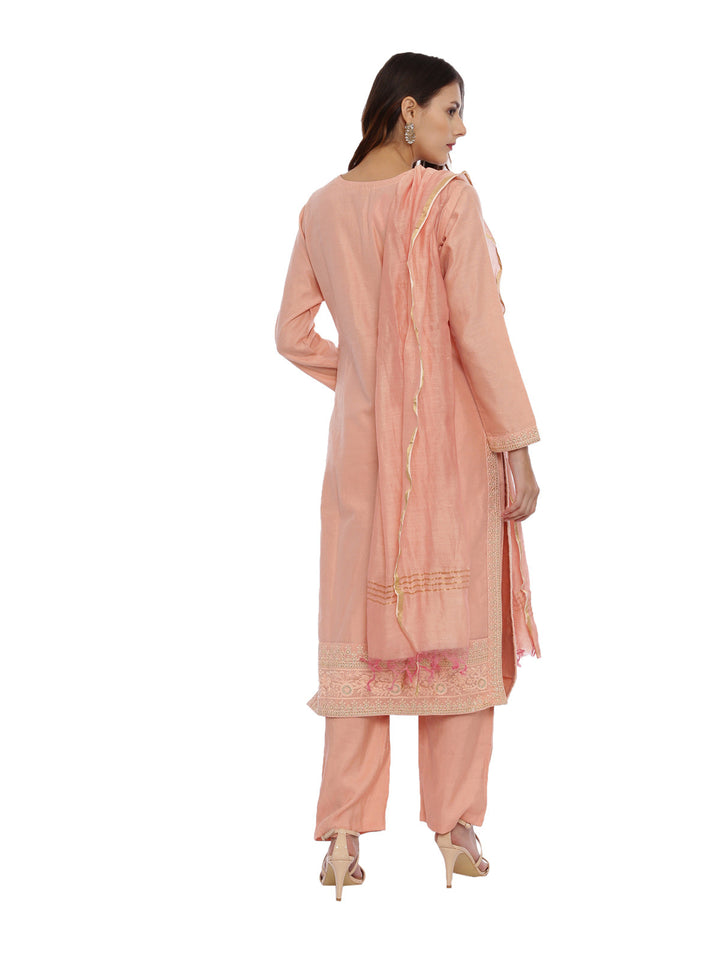 Neerus Orange embroidered kurta set with palazzo and dupatta - detail view 1