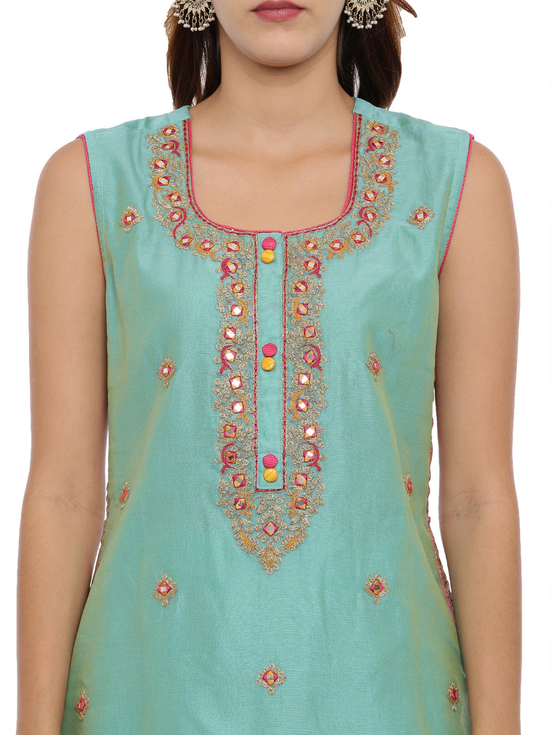 Neerus Green embellished zari kurta set with pant and dupatta - back view