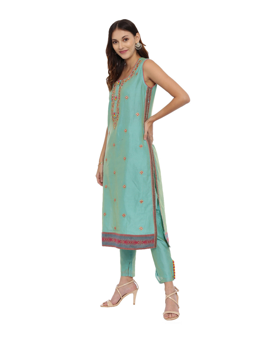 Neerus Green embellished zari kurta set with pant and dupatta - detail view 2