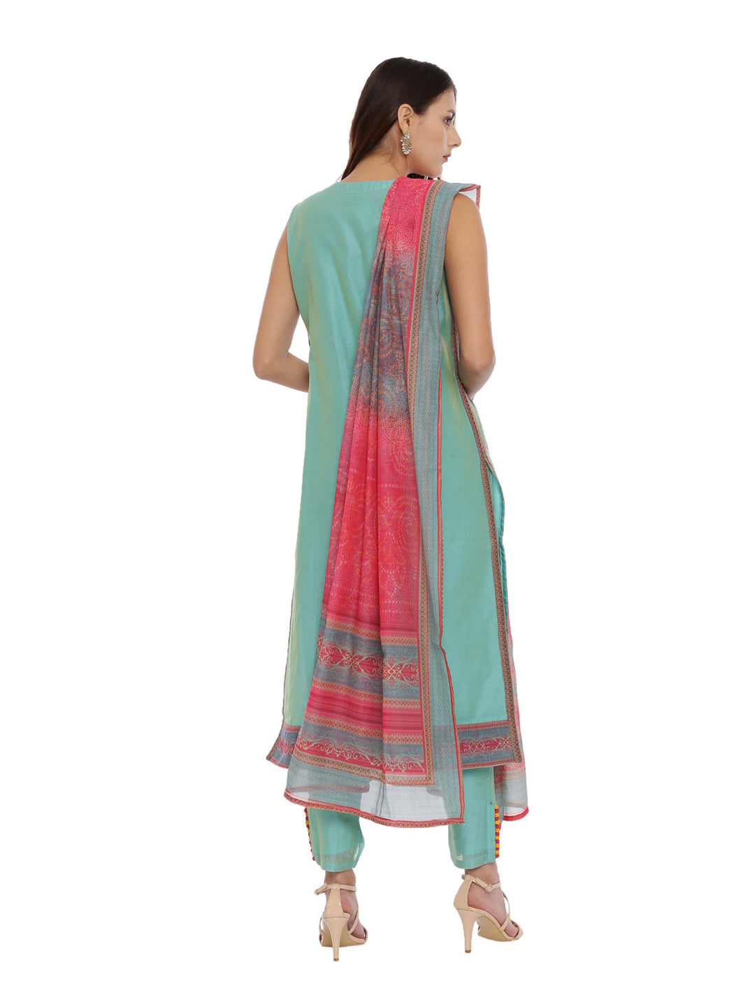 Neerus Green embellished zari kurta set with pant and dupatta - detail view 1