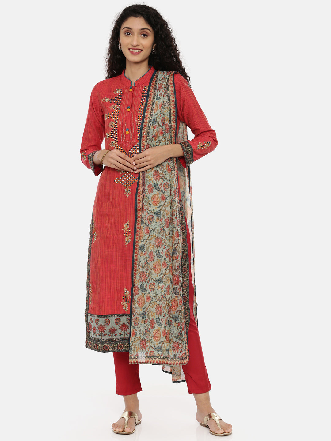 Neerus Red embroidered kurta set with pant and dupatta - front view