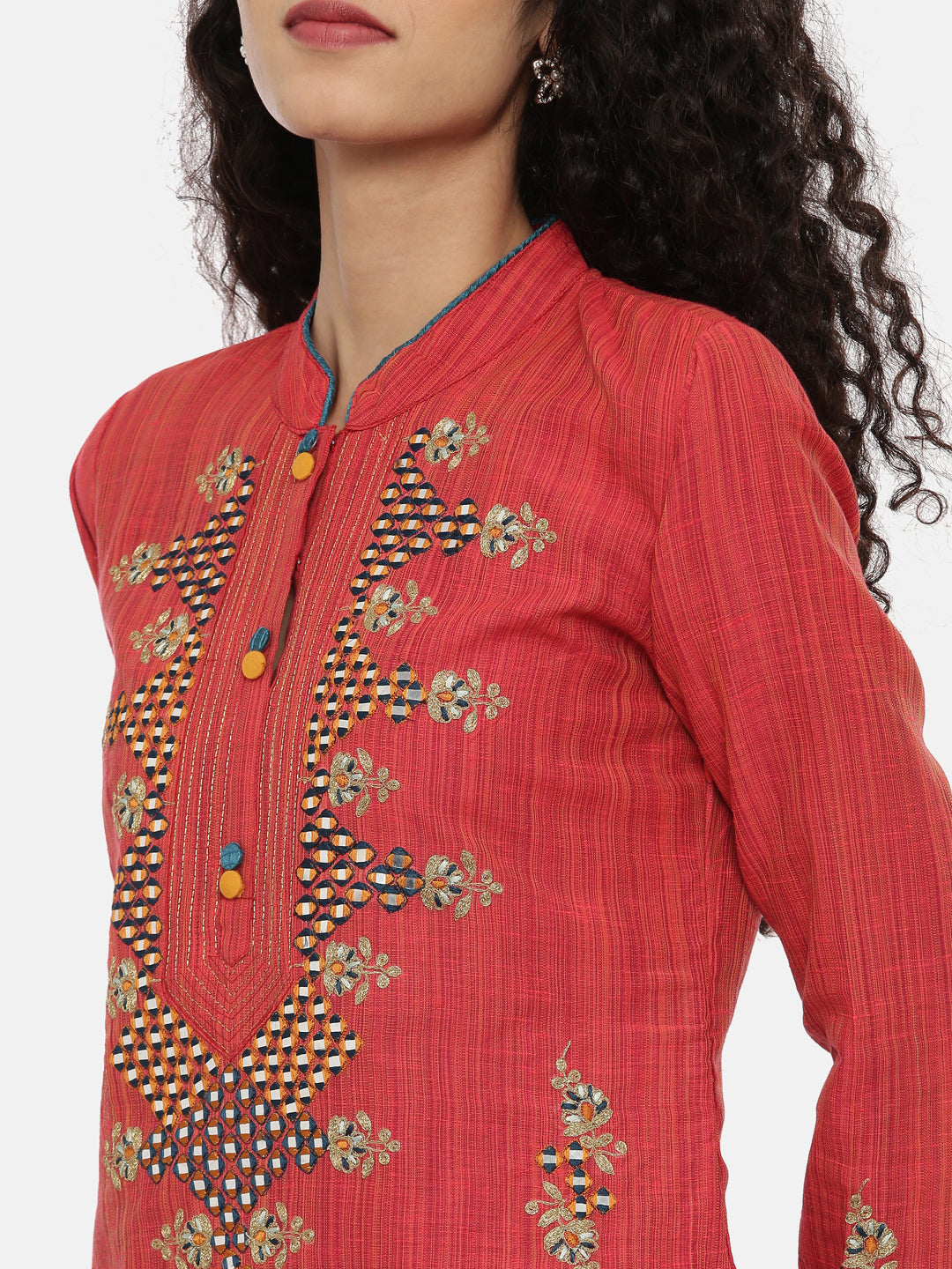 Neerus Red embroidered kurta set with pant and dupatta - detail view 2