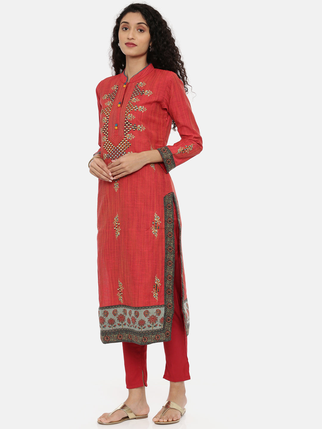 Neerus Red embroidered kurta set with pant and dupatta - side view