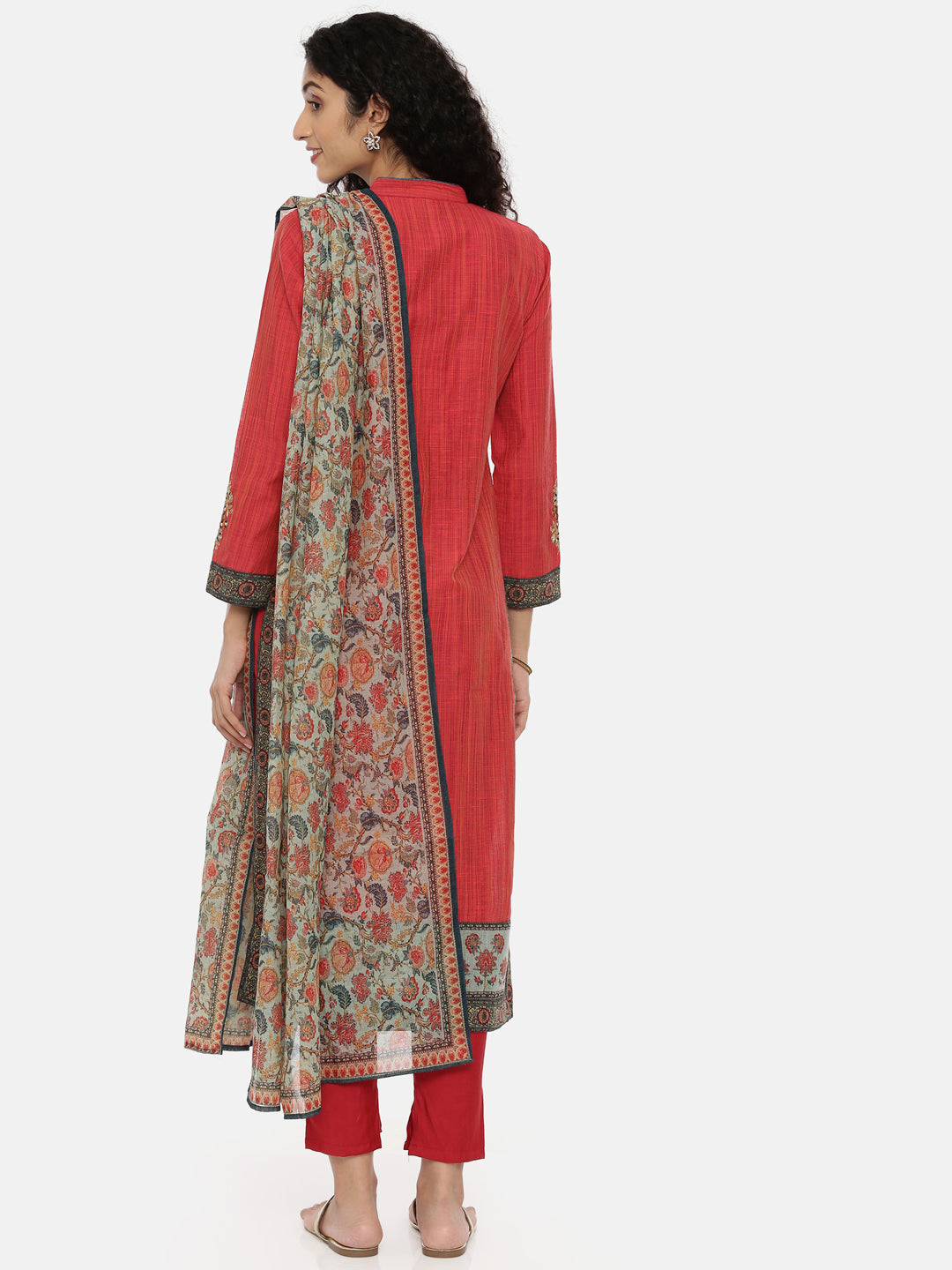 Neerus Red embroidered kurta set with pant and dupatta - detail view 1