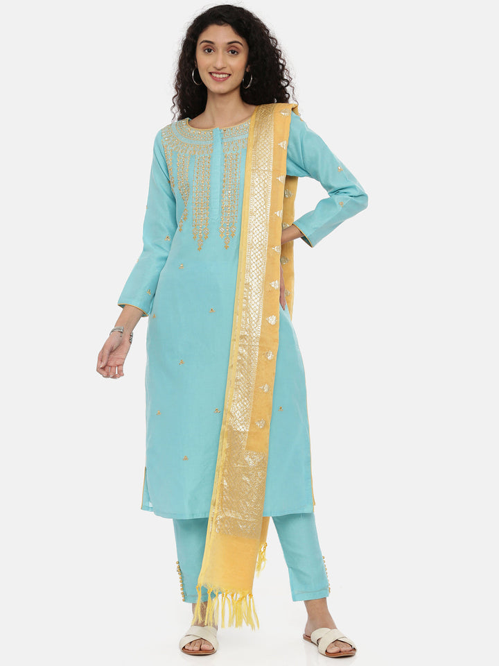 Neerus Blue embroidered kurta set with pant and dupatta - front view
