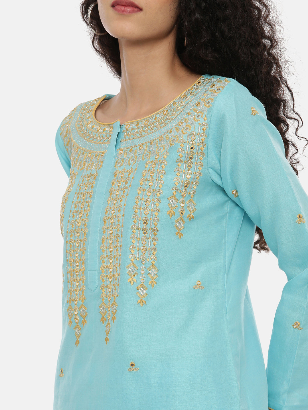 Neerus Blue embroidered kurta set with pant and dupatta - back view