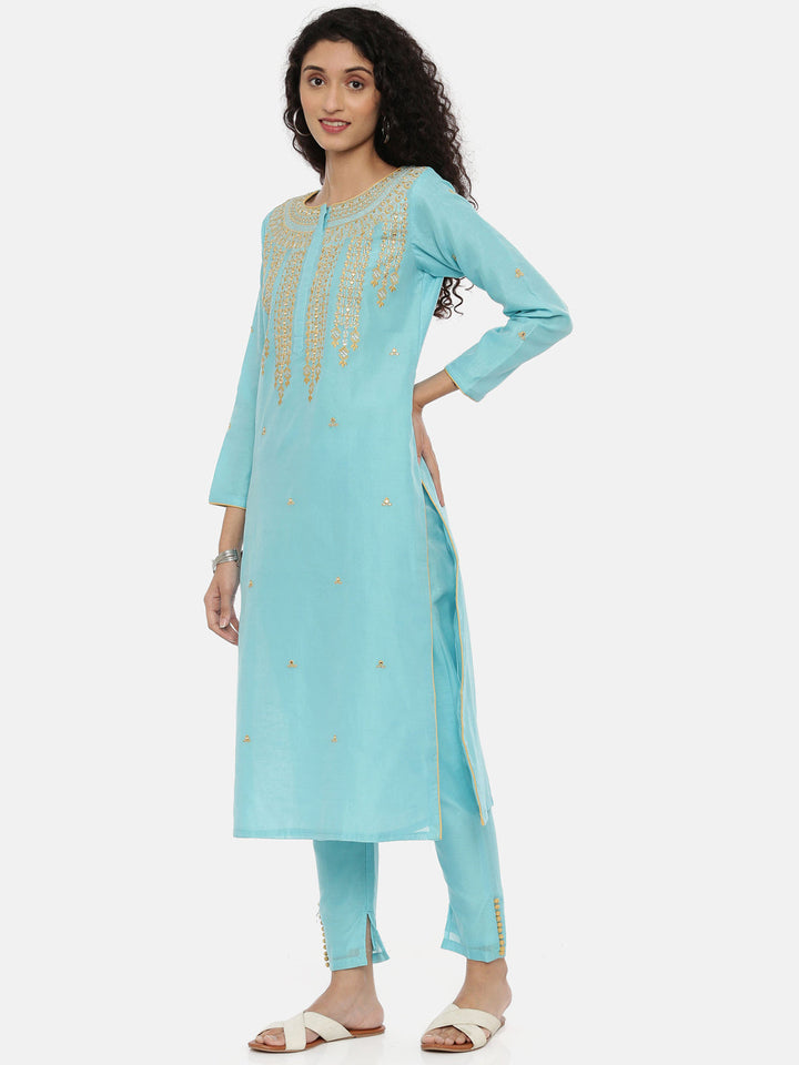 Neerus Blue embroidered kurta set with pant and dupatta - detail view 2