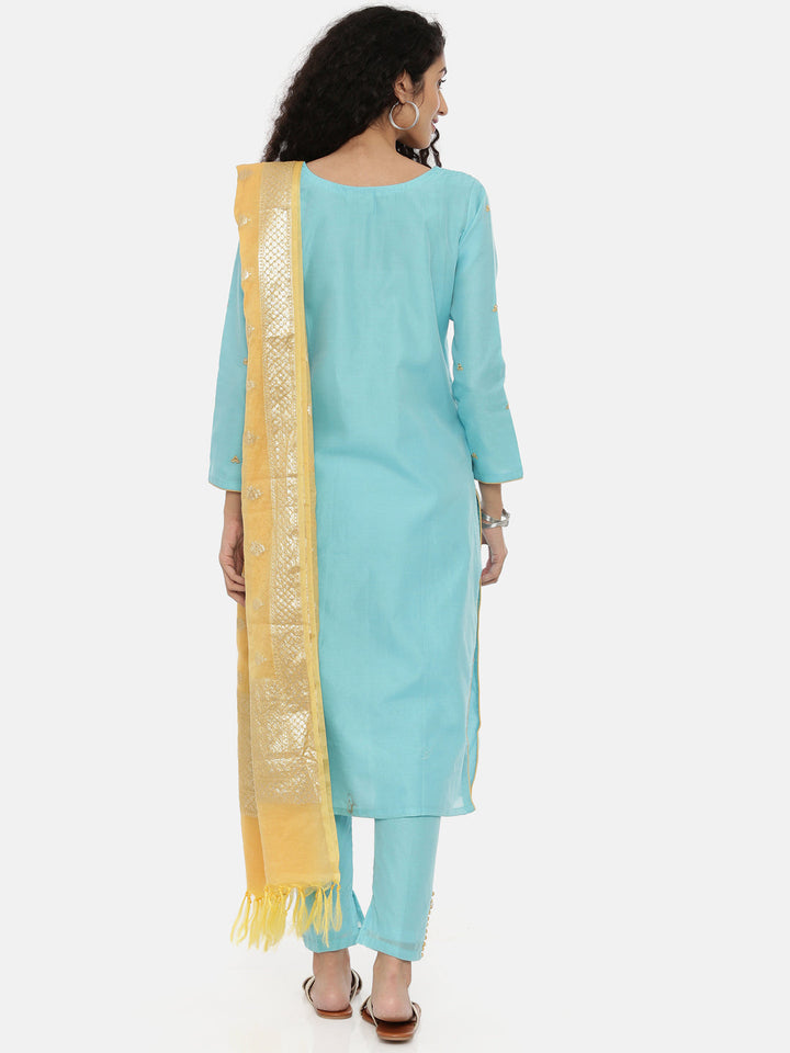 Neerus Blue embroidered kurta set with pant and dupatta - side view