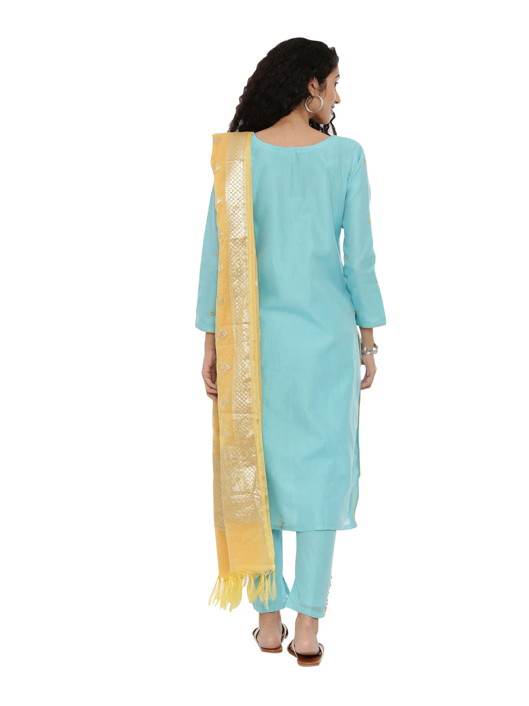 Neerus Blue embroidered kurta set with pant and dupatta - detail view 1